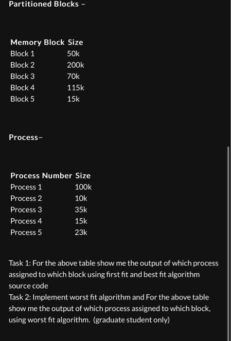 ive attached reference code for task 1 Partitioned Blocks - Memory Block