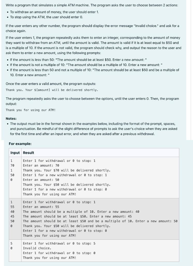  python only Write a program that simulates a simple ATM machine.