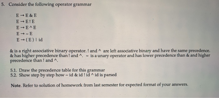  5. Consider the following operator grammar EE & E E E!E