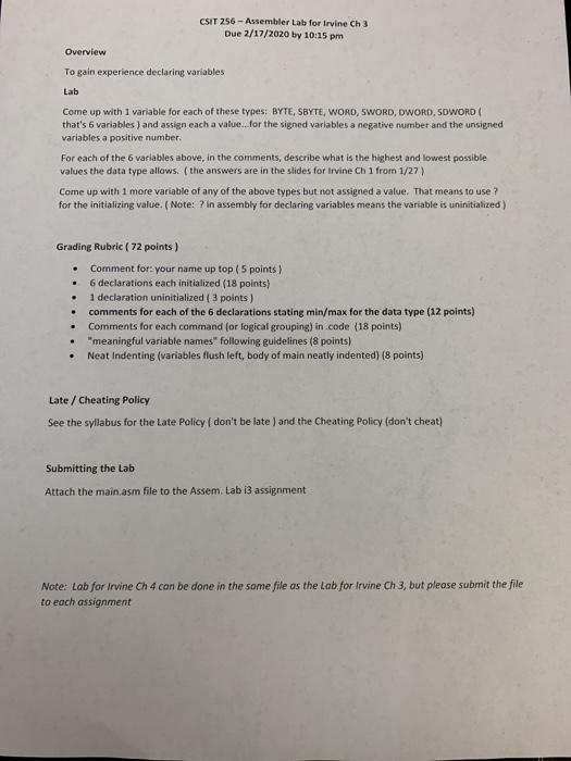 CSIT 256 - Assembler Lab for Irvine Ch 3 Due 2/17/2020