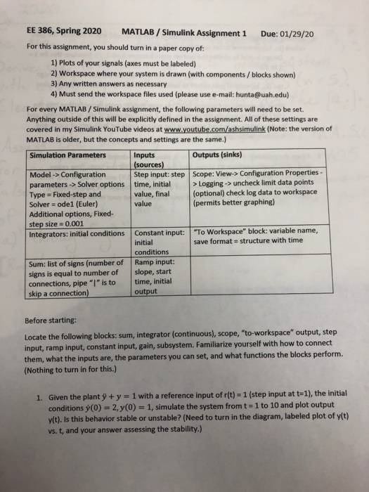 please write code in matlab EE 386, Spring 2020 MATLAB / Simulink