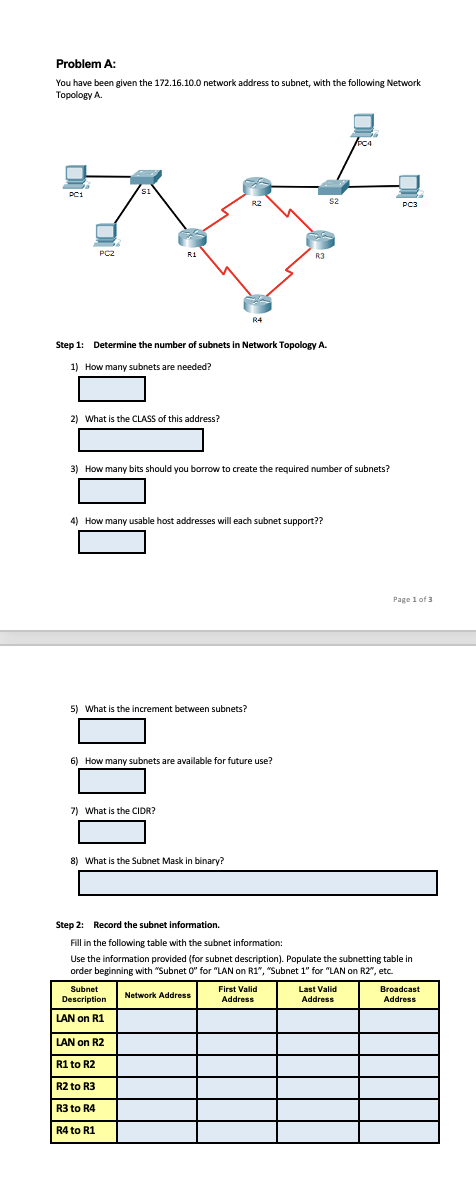 Problem A: You have been given the 172.16.10.0 network address to