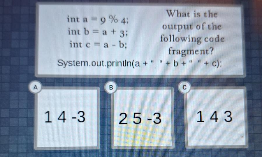  int a=9%4 int b=a+3 int c=a-b What is the output of