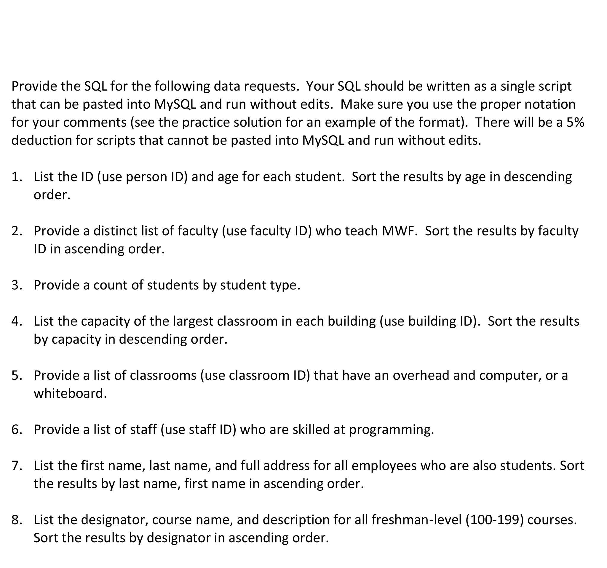  Provide the SQL for the following data requests. Your SQL should
