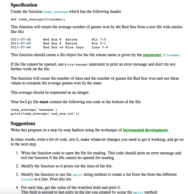 Specification Create the function team_average which has the following header def