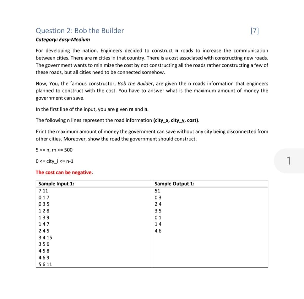  Question 2: Bob the Builder Category: Easy-Medium [7] For developing the