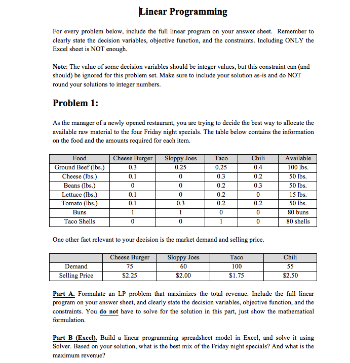  Linear Programming For every problem below, include the full linear program