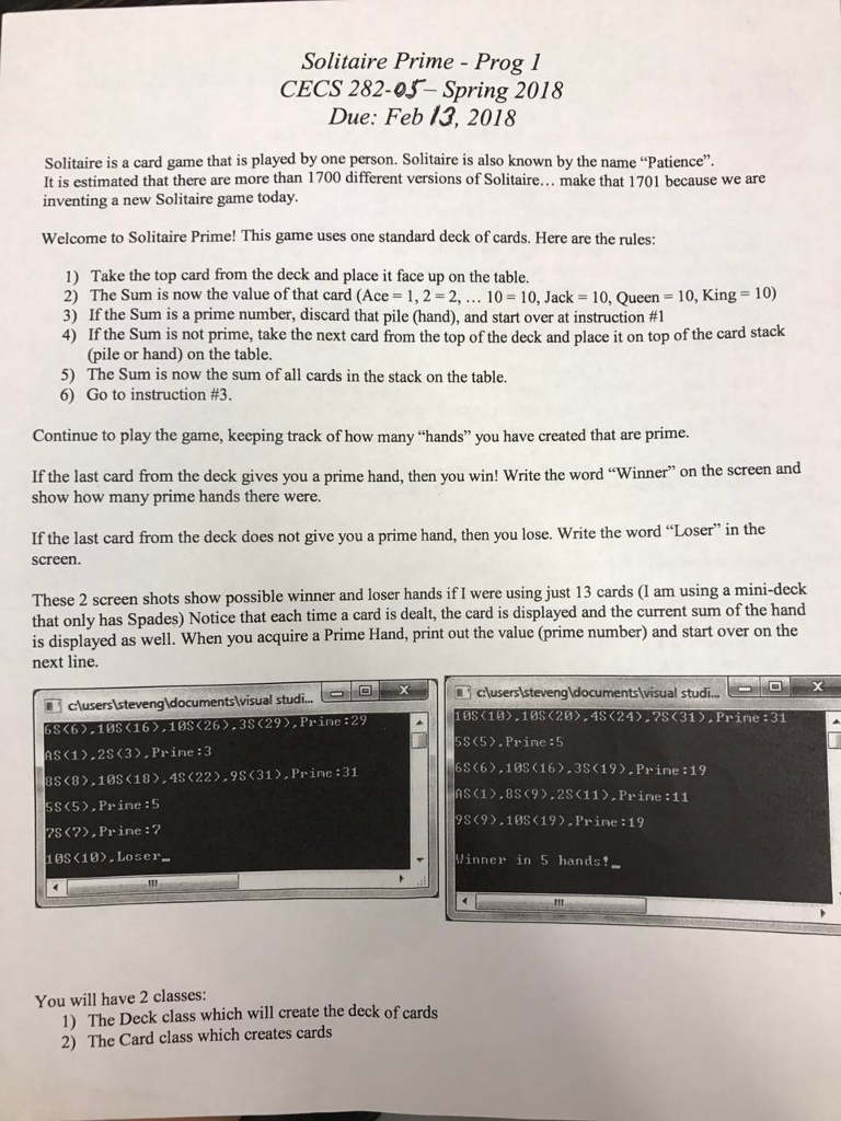 Solitaire Prime - Prog 1 CECS 282-os- Spring 2018 Due: Feb