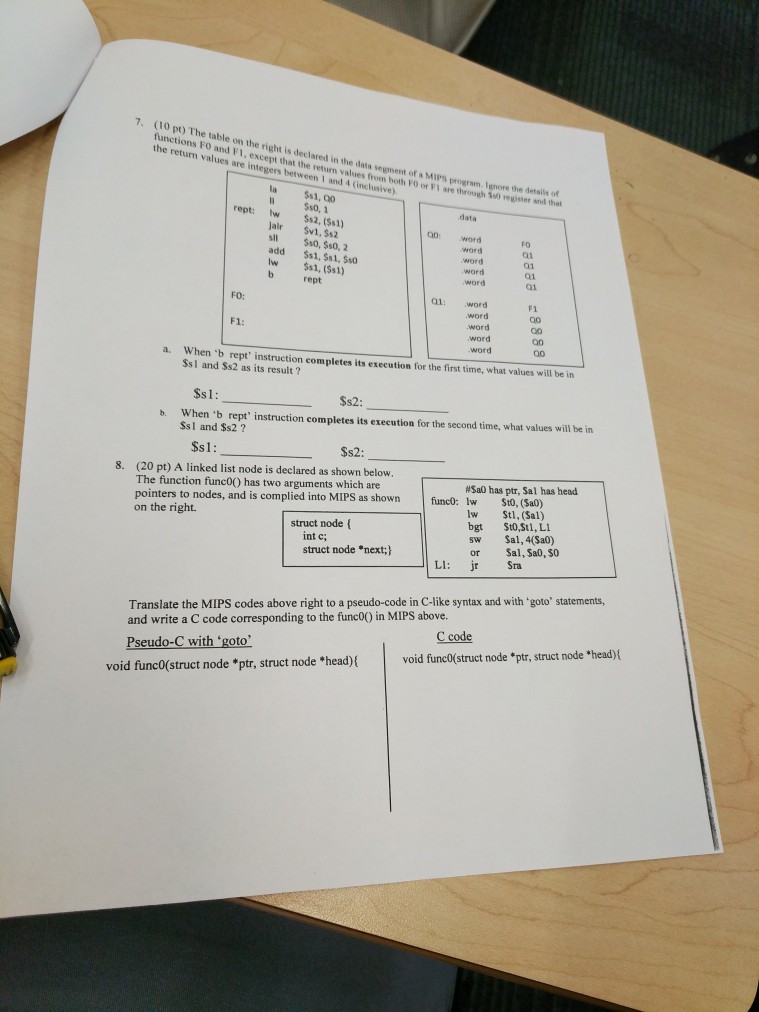 7. (10 pt) The table on the right is declared in