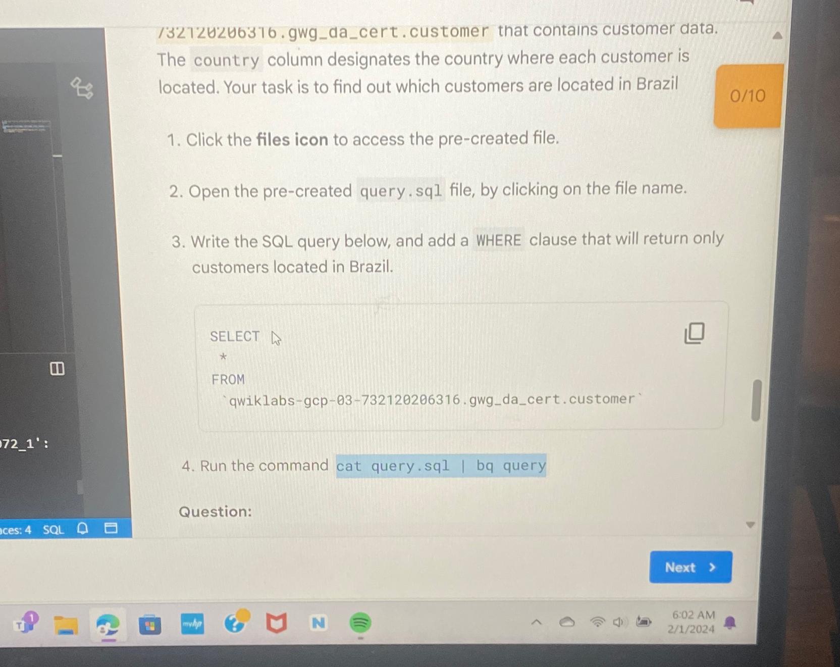  /3272U2U6316.gwg_da_cert.customer that contains customer data. The country column designates the country