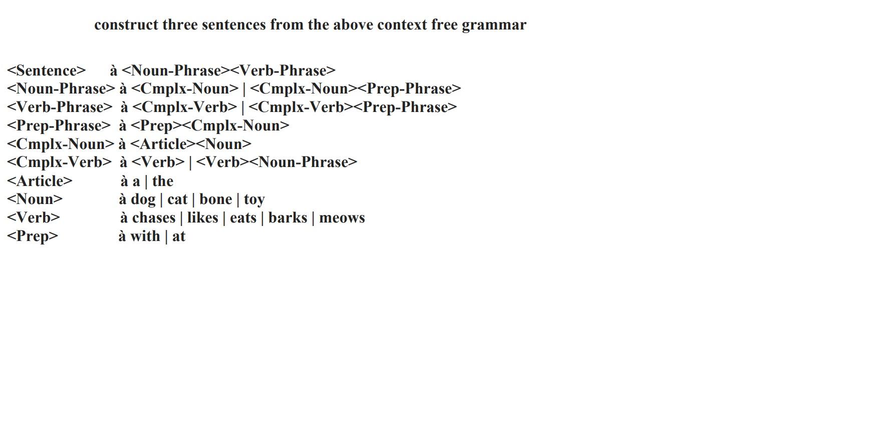 please explain clearly construct three sentences from the above context free grammar