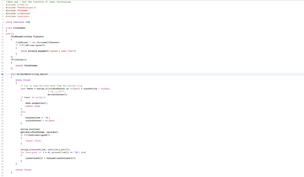 C++ need help! Create a class TextAnalyzer with the following public functions