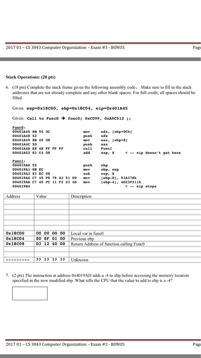  Help with no 2 Complete the stack frame given the following