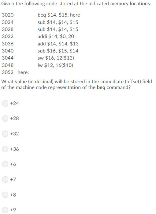 Given the following code stored at the indicated memory locations 3020