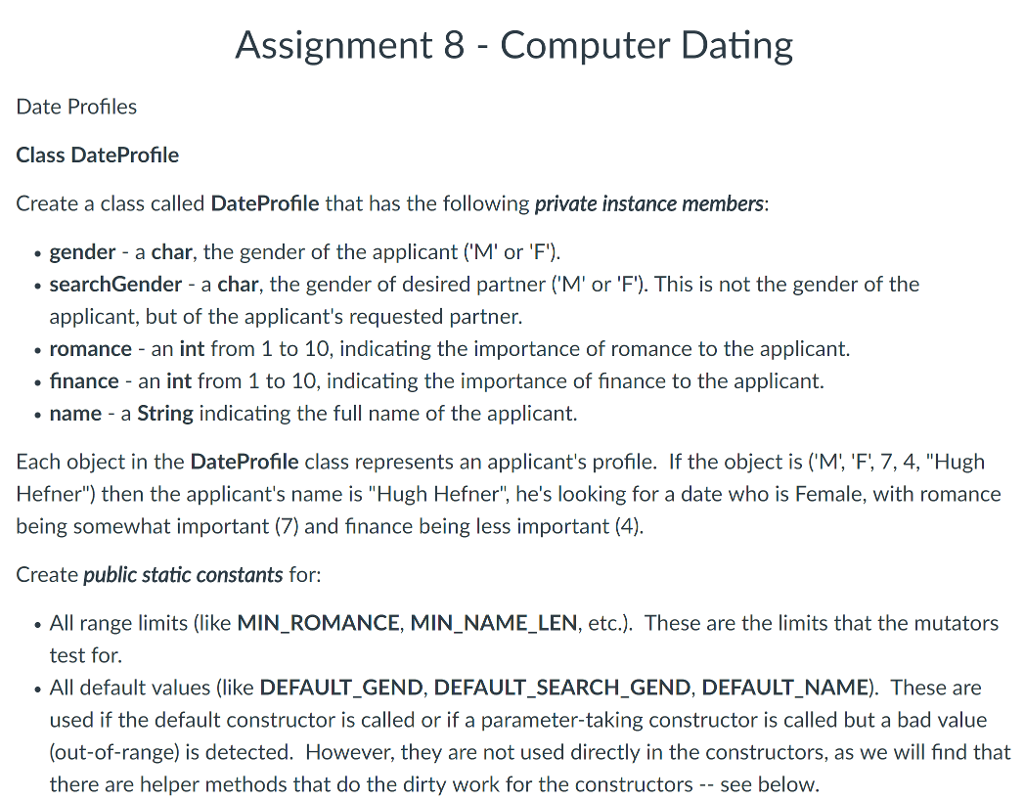Please help me solve the problem (Java) Assignment 8 - Computer Dating