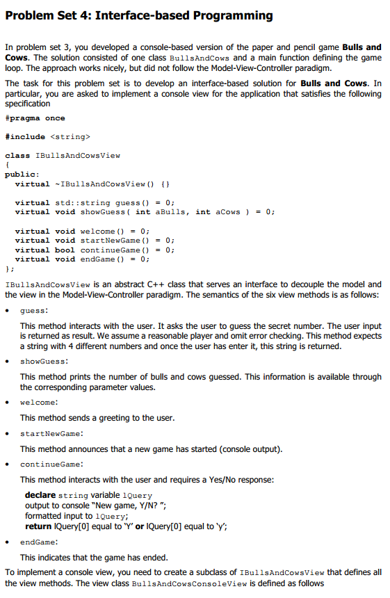 interface-based programming C++ header file /** * Specification of class BullsAndCows. *