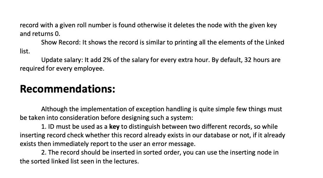 an employee Record Management system using linked list that can perform the