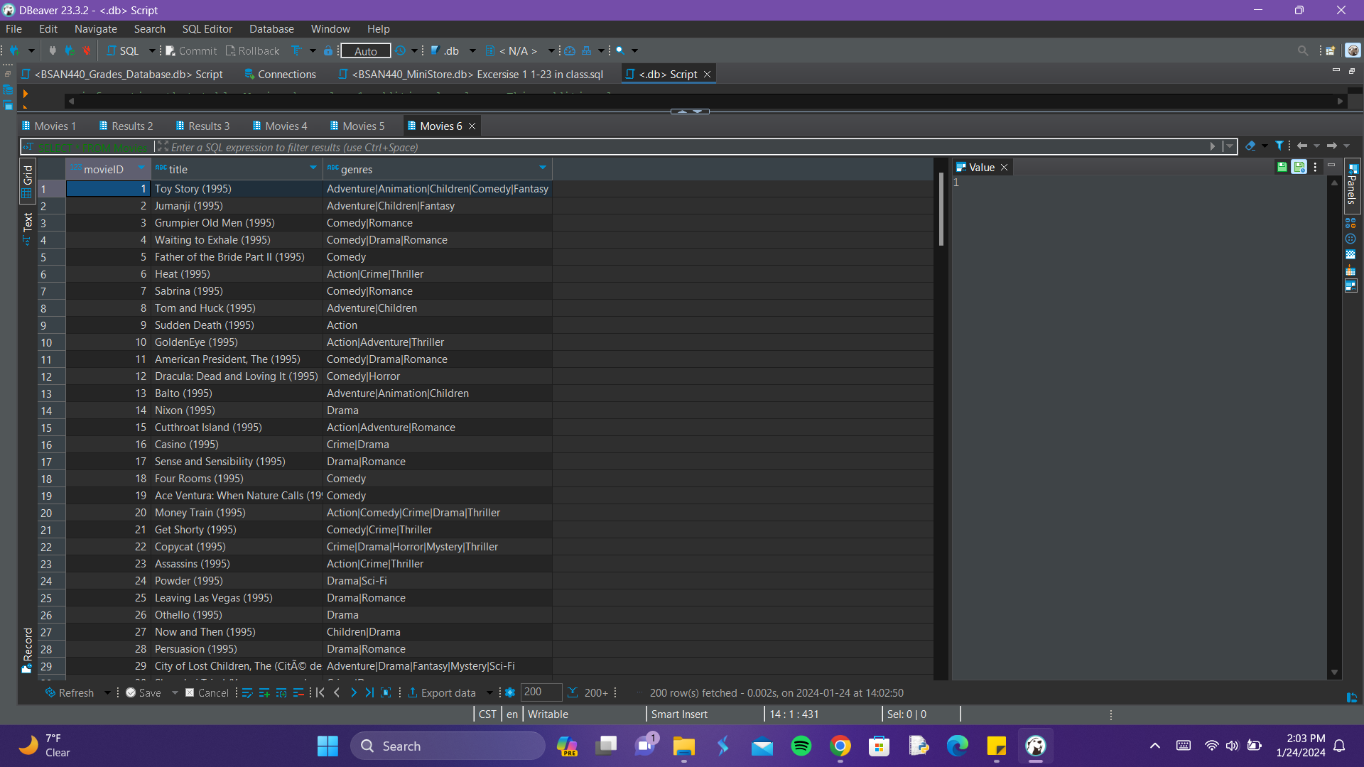  SQL CODE (dbeaver) The table is called movies. Column names are
