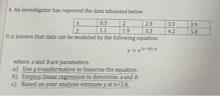 4. An investigator has reported the data tabulated below It is