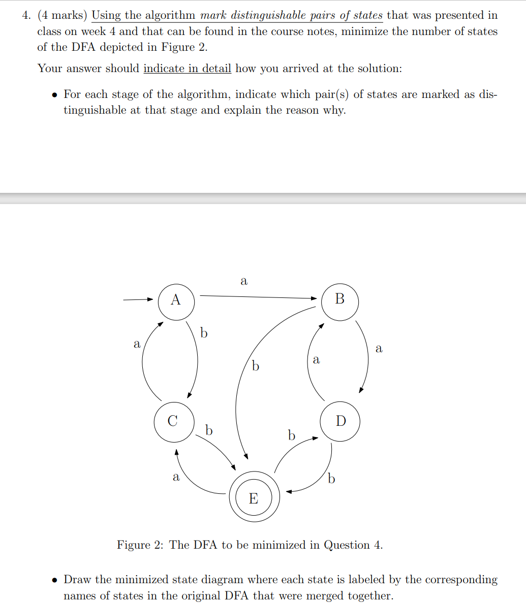  (4 marks) Using the algorithm mark distinguishable pairs of states that