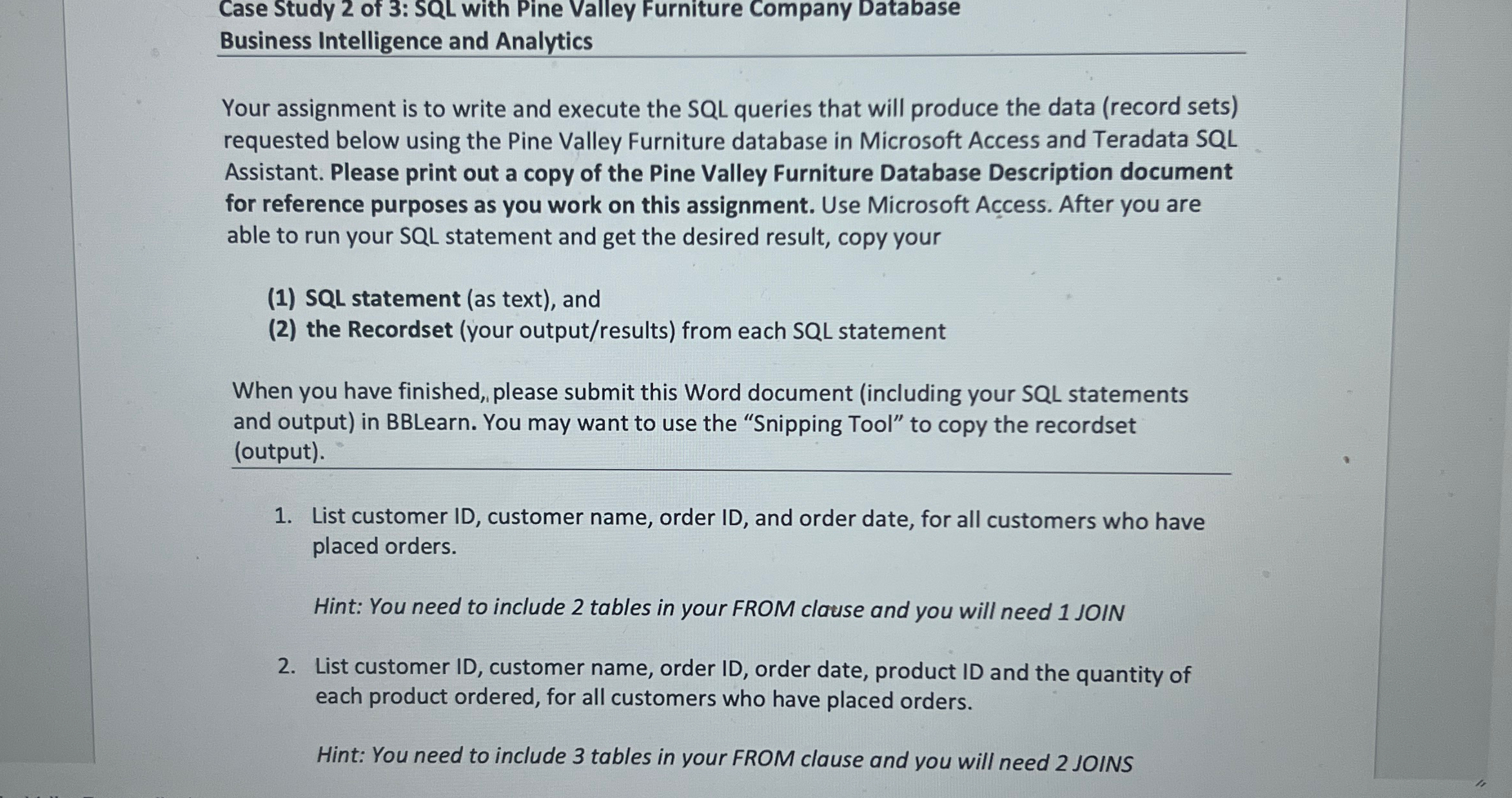  Case Study 2 of 3: SQL with Pine Valley Furniture Company
