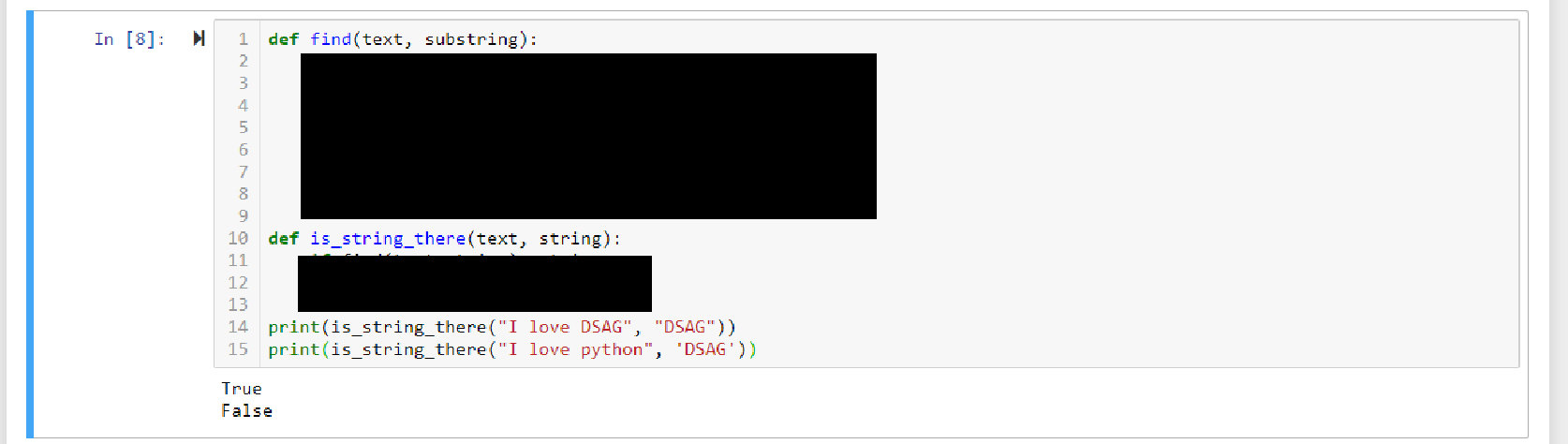 Write a recursive function named find(text,substring) that will return the substring if
