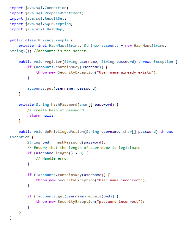 Given PrivacyExample.java, assume that whatever in accounts are secret (or privacy) and
