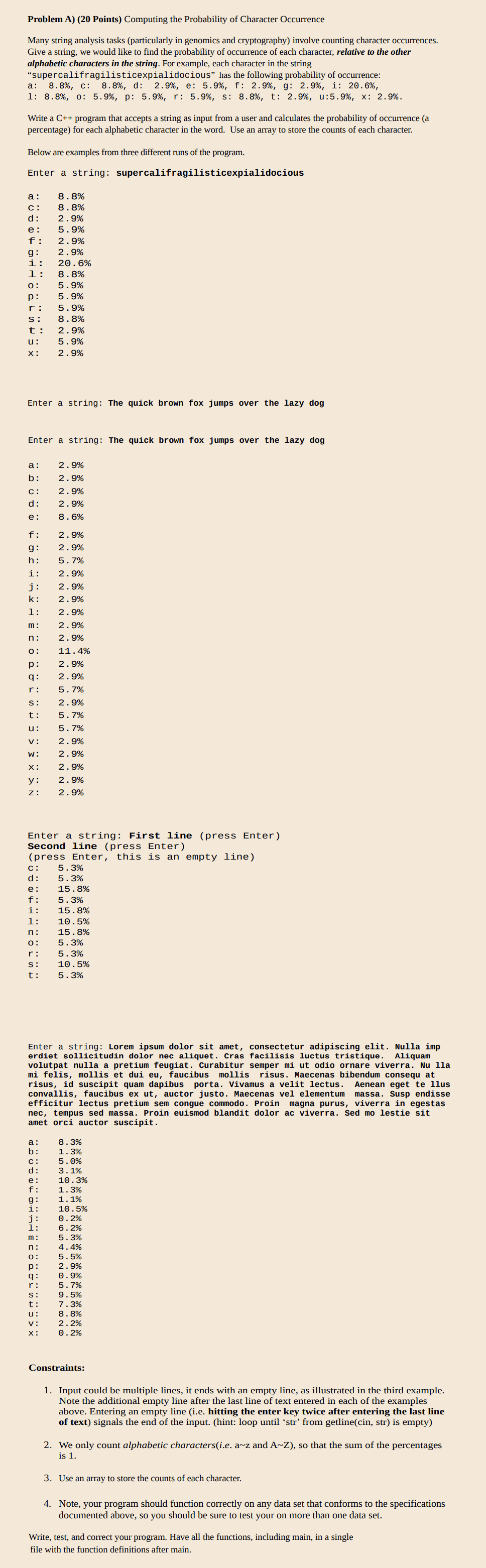  Problem A) (20 Points) Computing the Probability of Character Occurrence Many