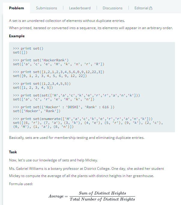 Problem Submissions LeaderboardDiscussions Editorial e A set is an unordered collection