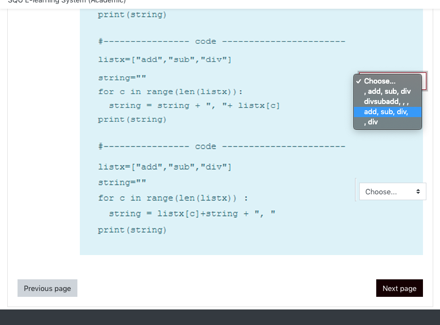  print (string) + code listx=["add", "sub", "div"] string="" for c in
