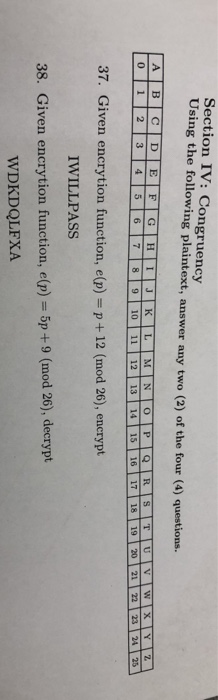  ASAP Section IV: Congruency Using the following plaintext, answer any two
