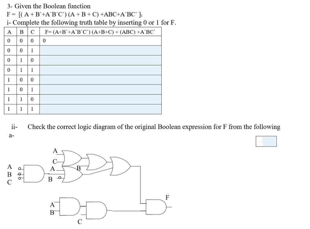  3- Given the Boolean function i- Complete the following truth table