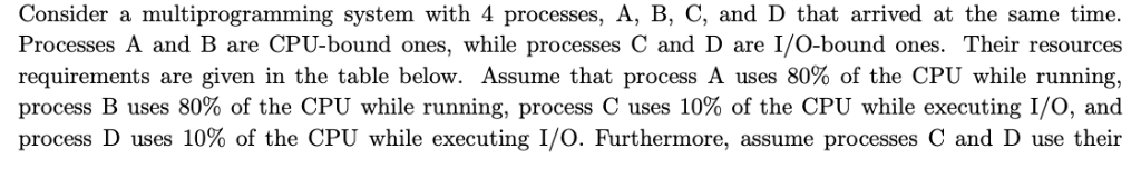 Solve this question Consider a multiprogramming system with 4 processes, A, B,