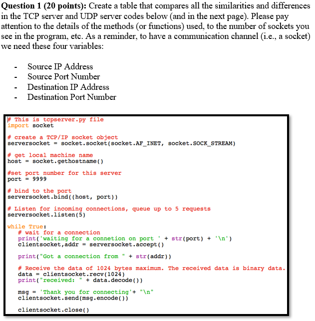 Question 1 (20 points): Create a table that compares all the