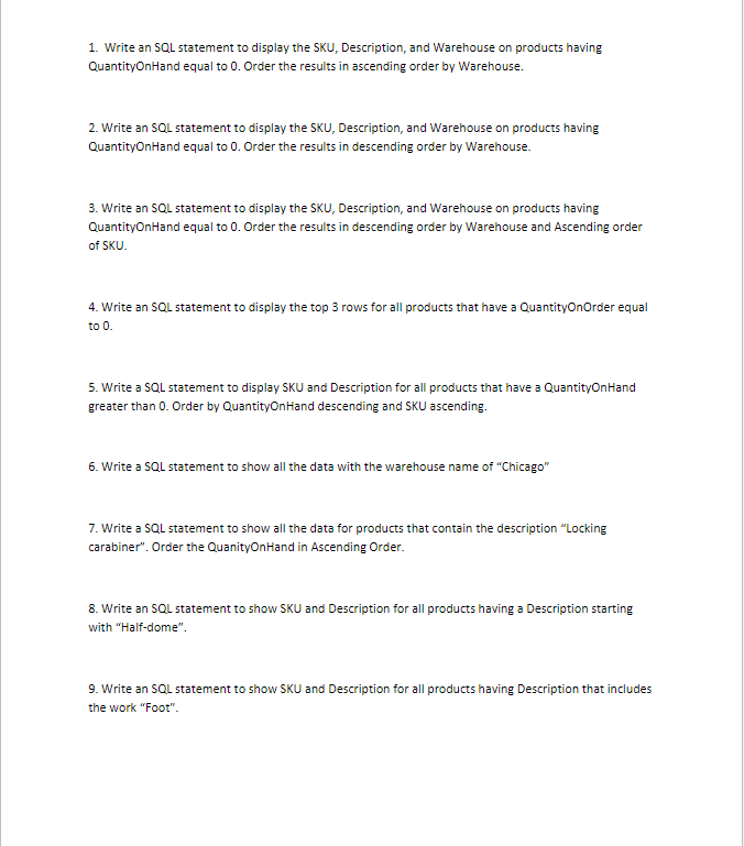  1. Write an SQL statement to display the SKU, Description, and