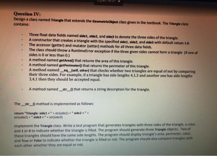  Design a class named Triangle that extends the GeometricObject class given