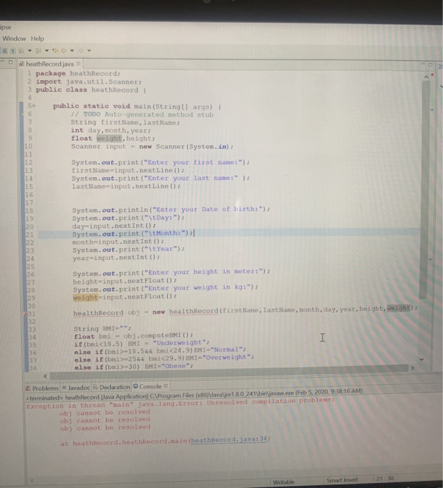  why do i have error ipse Window Help heath Record.java 1
