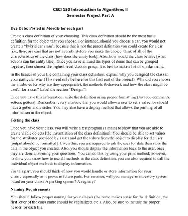  JAVA CODING CSCI 150 Introduction to Algorithms I Semester Project Part