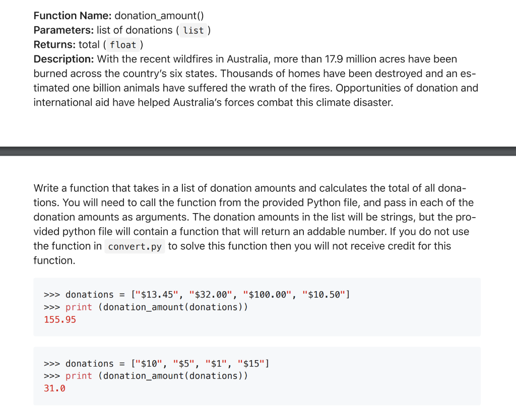 python: plz using the convert.py function Function Name: donation_amount() Parameters: list of