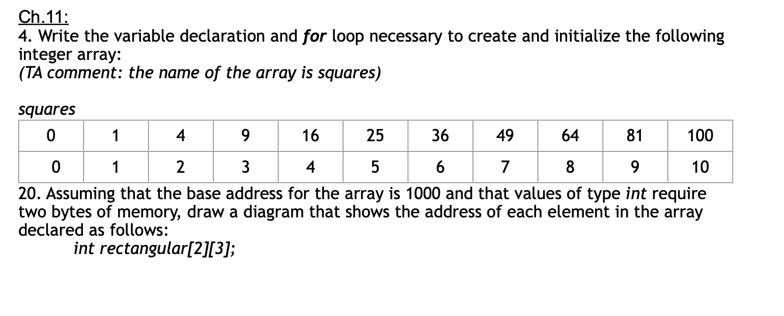 Coding language in C Ch.11: 4. Write the variable declaration and for
