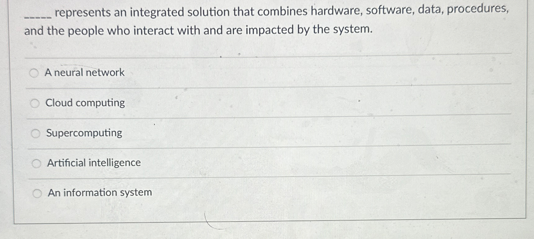  represents an integrated solution that combines hardware, software, data, procedures, and
