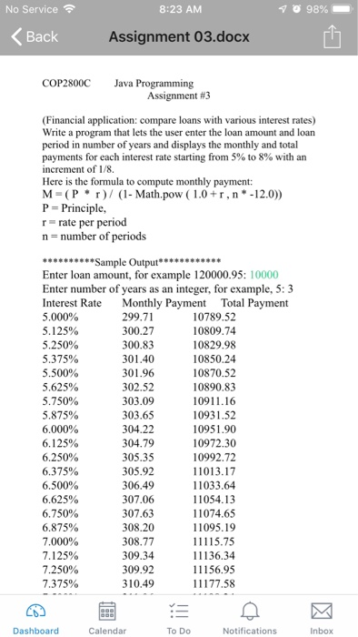  No Service 8:23 AM Back Assignment 03.docx COP2800C Java Programming Assignment