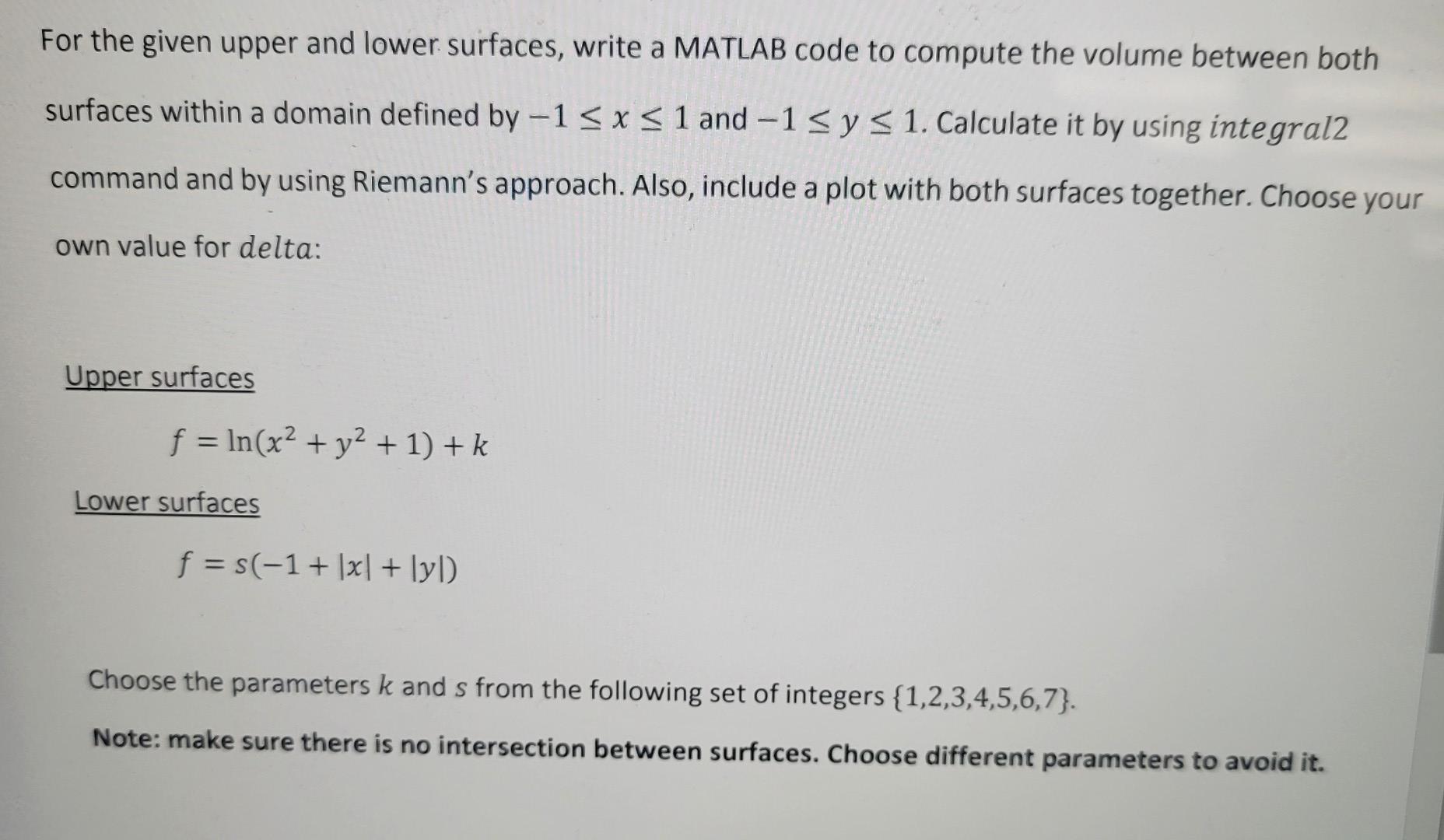 Matlab For the given upper and lower surfaces, write a MATLAB