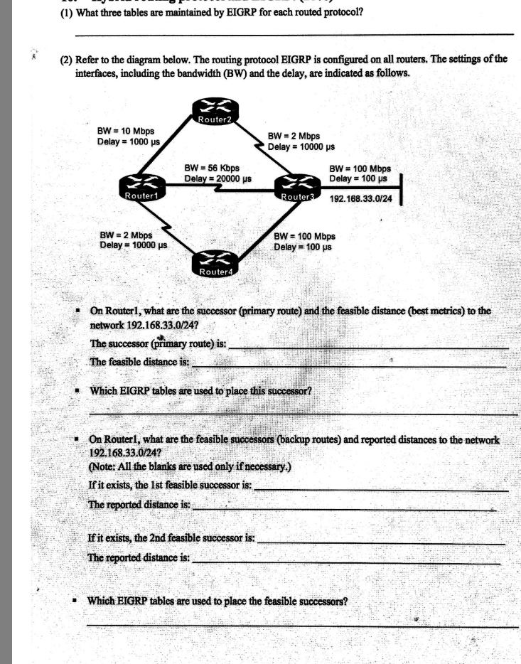 (1) What three tables are maintained by EIGRP for each routed