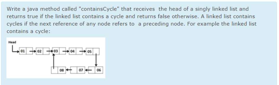 Write a java method called "containsCycle" that receives the head of