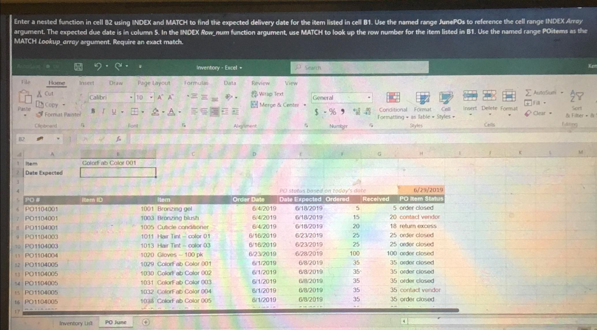  Enter a nested function in cell B2 using INDEX and MATCH
