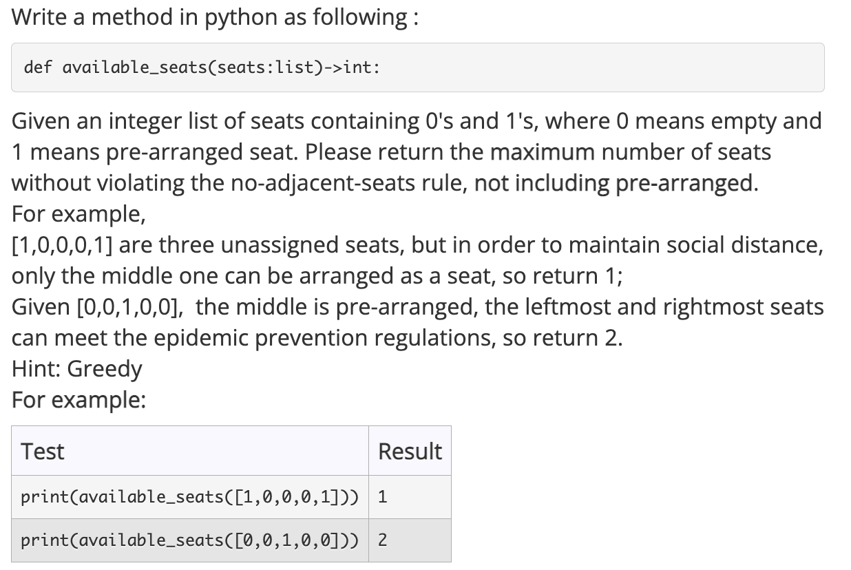  PLEASE debug my current code: def available_seats(seats:list)->int: count = 0 length