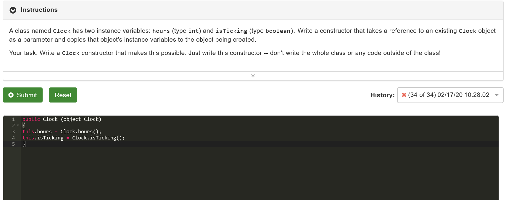  Instructions A class named Clock has two instance variables: hours (type