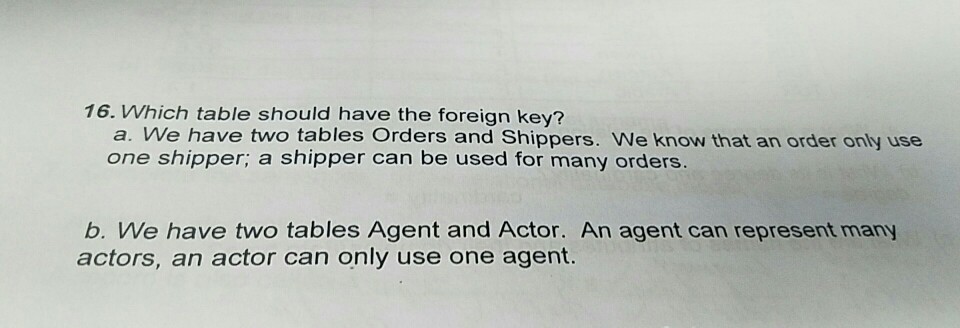  16. Which table should have the foreign key? a. We have