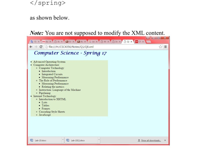 that displays the following XML document spring> department> Computer Science course>Advanced Operating